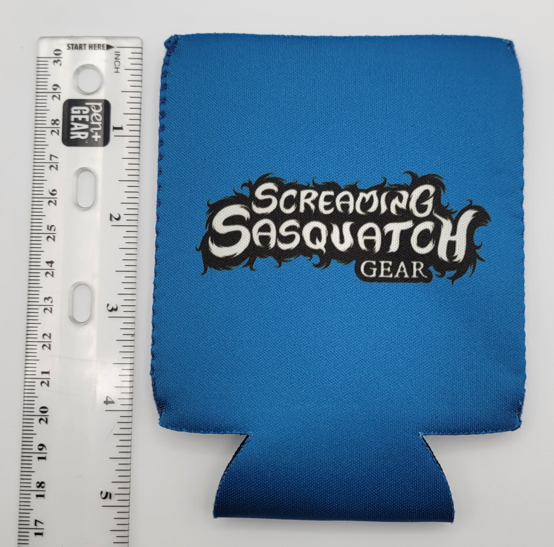 Screaming Sasquatch Can Cooler Sleeve Blue Logo Flat