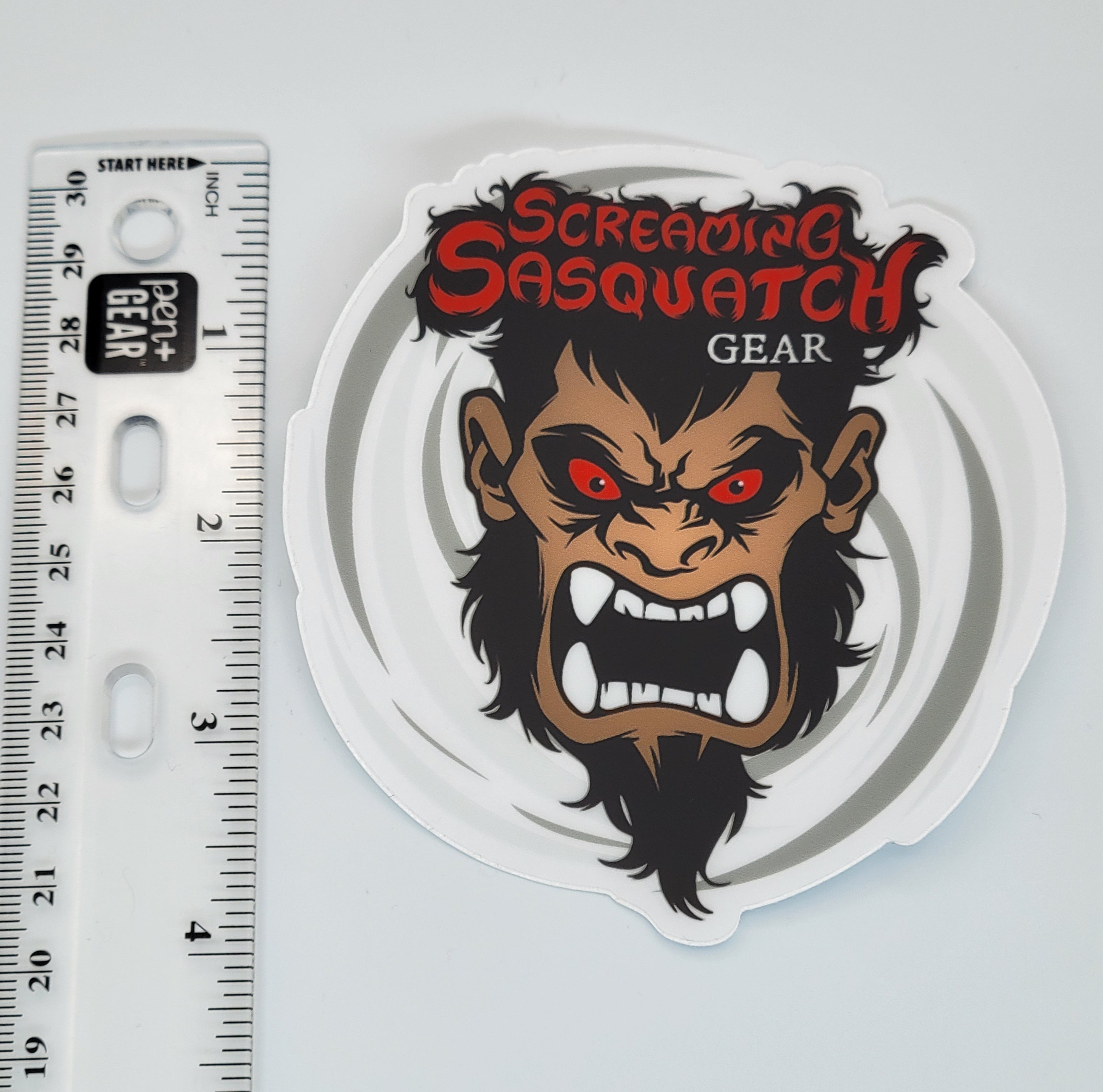 Screaming Sasquatch Mascot Swirl Sticker w Ruler