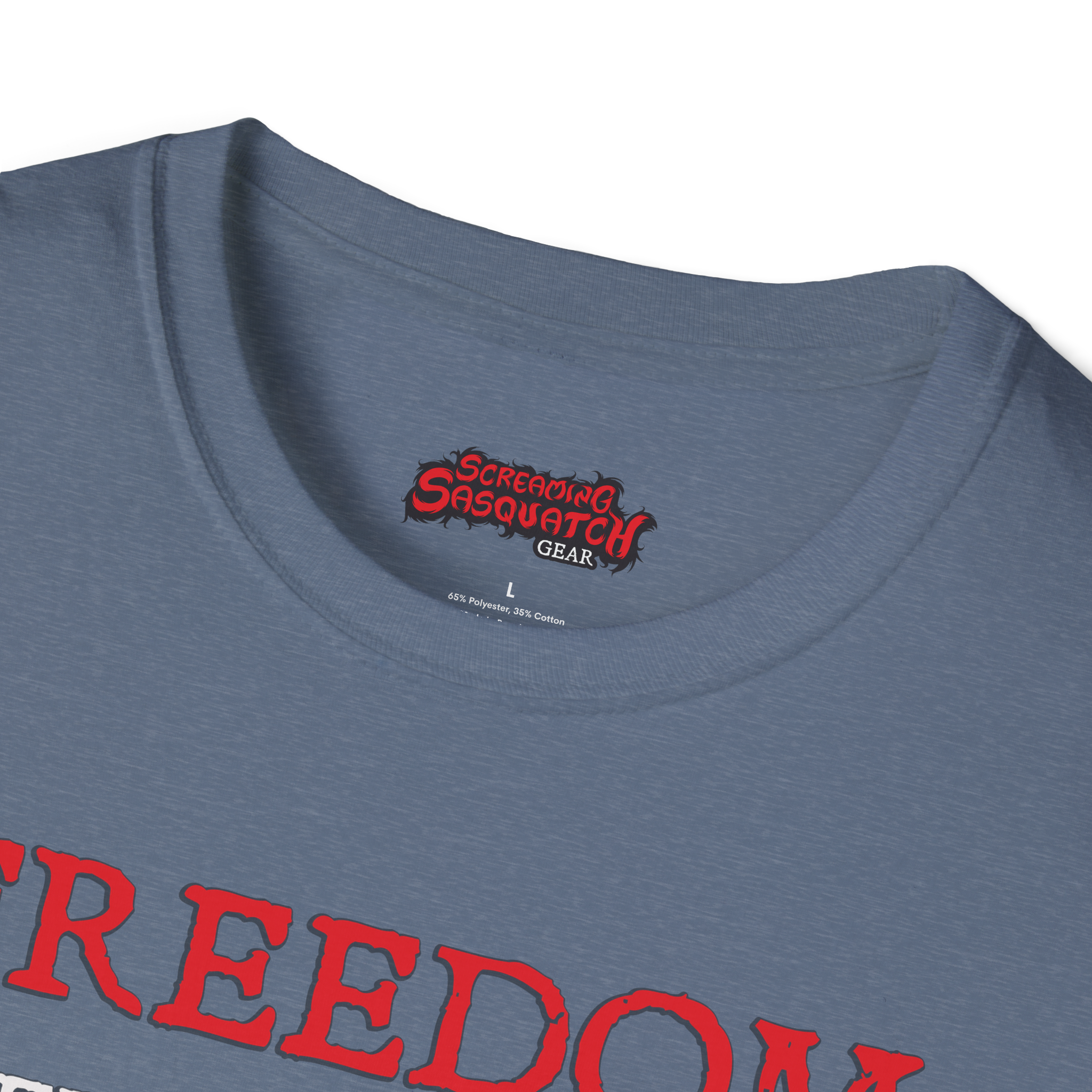 Screaming Sasquatch T-Shirt Freedom Heather Indigo Tag