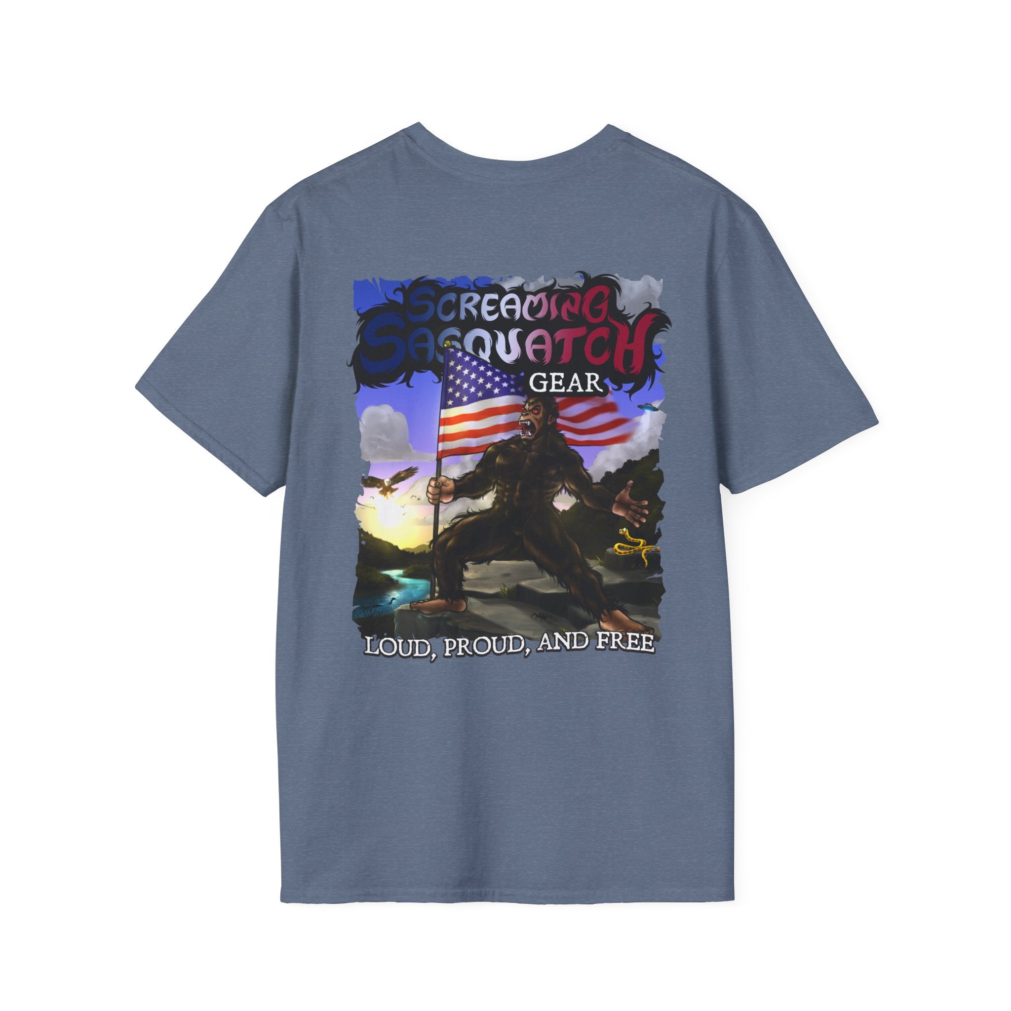Screaming Sasquatch T-Shirt Loud Proud Blue Back