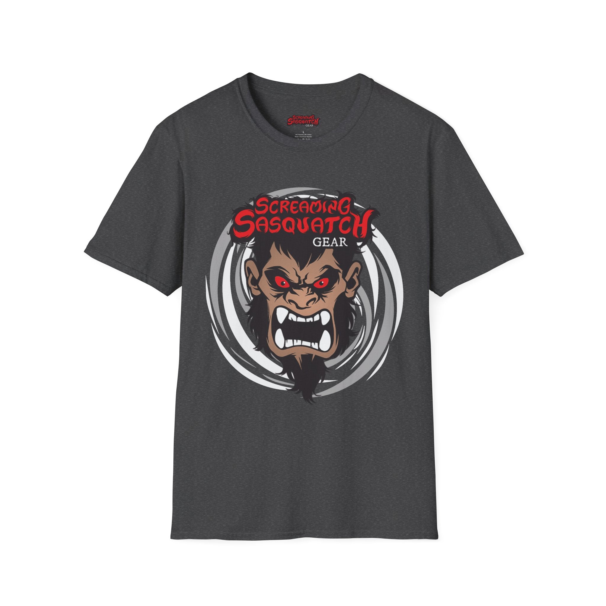 Screaming Sasquatch T-Shirt Swirling Mascot Grey Front