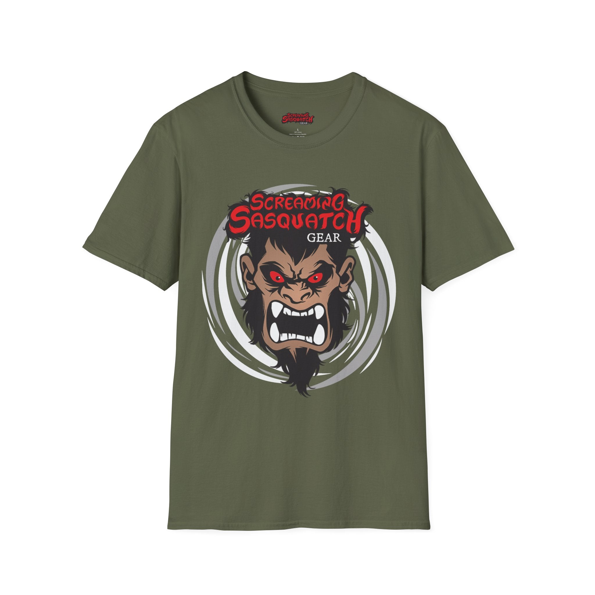 Screaming Sasquatch T-Shirt Swirling Mascot Olive Front