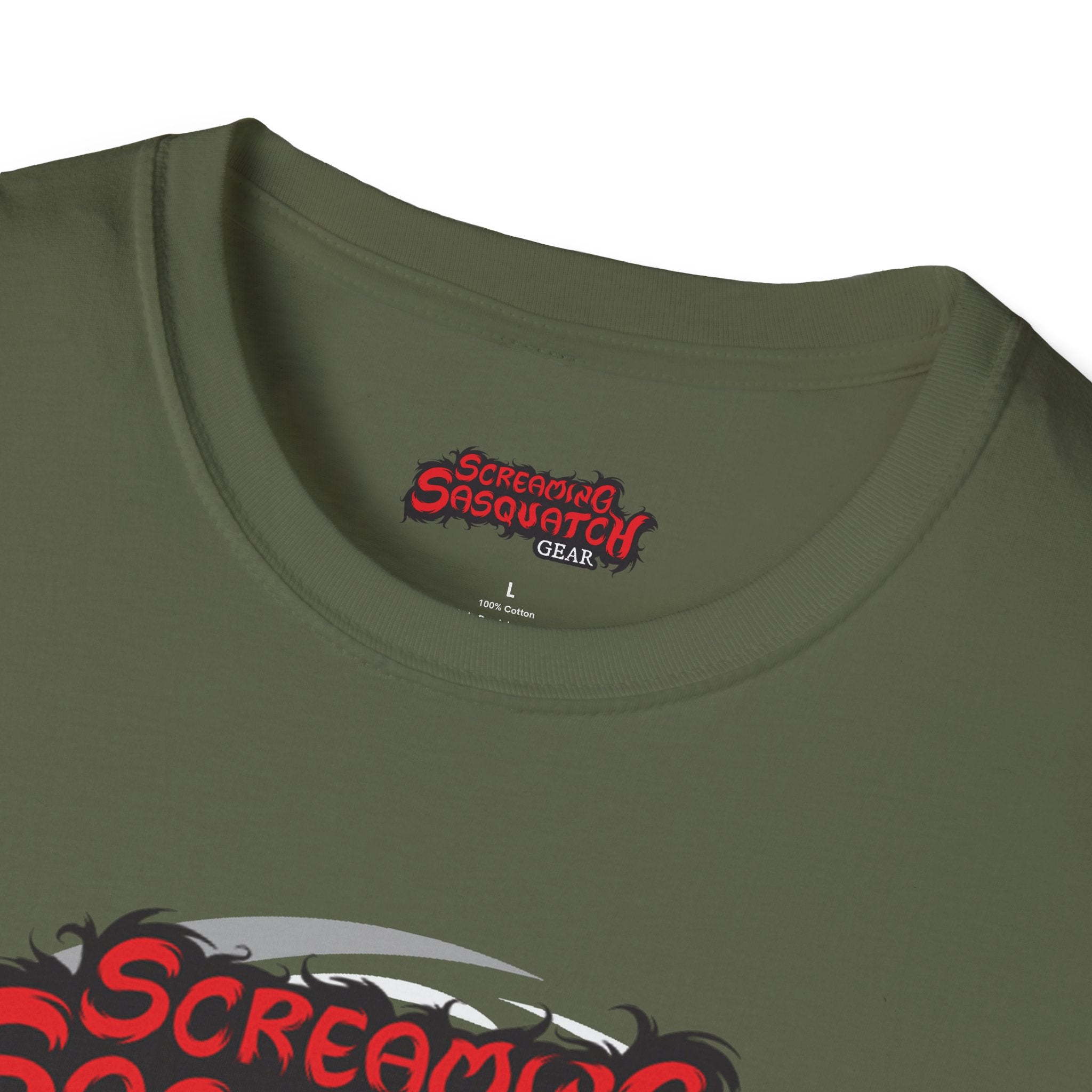 Screaming Sasquatch T-Shirt Swirling Mascot Olive Tag
