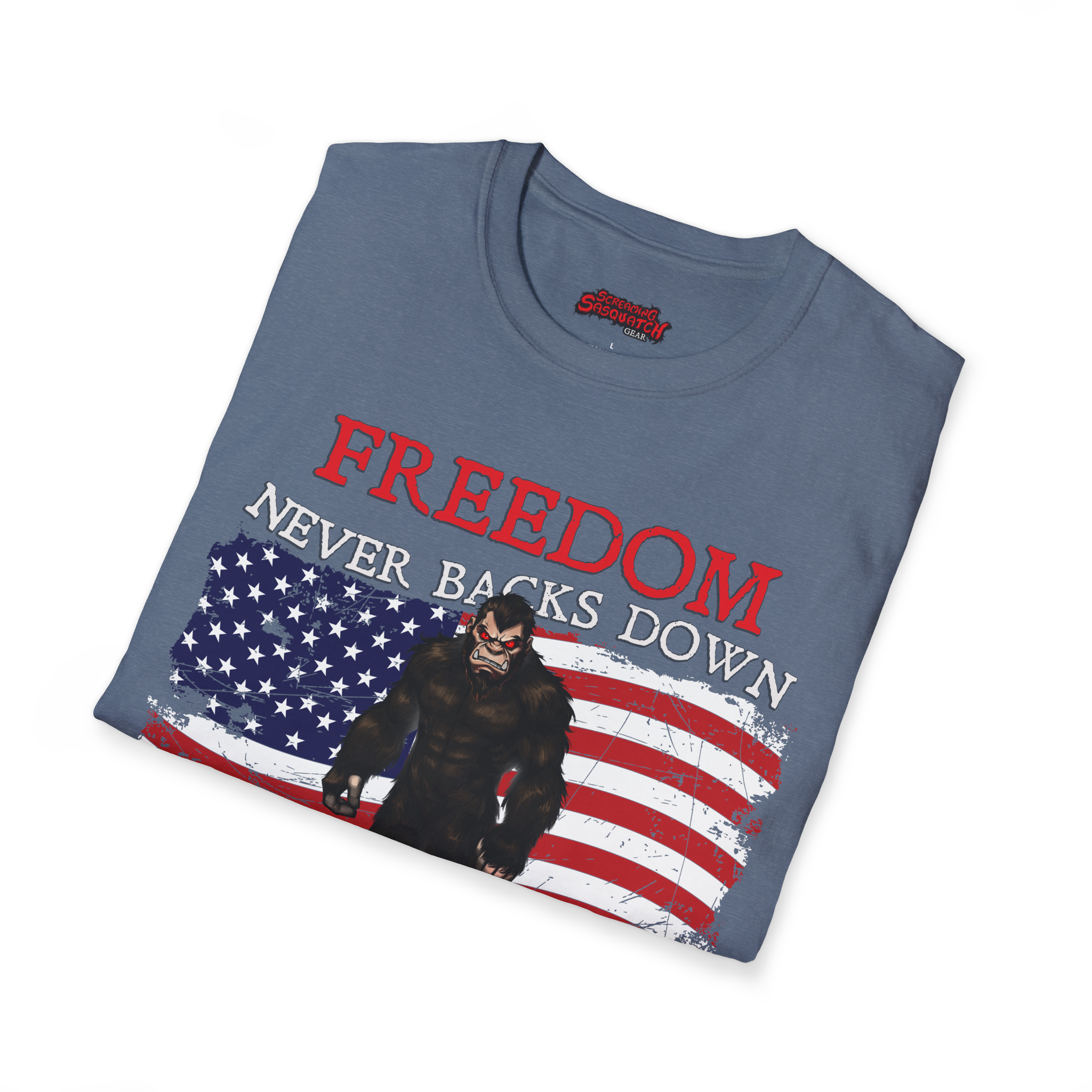 Screaming Sasquatch T-Shirt Freedom Heather Indigo Folded