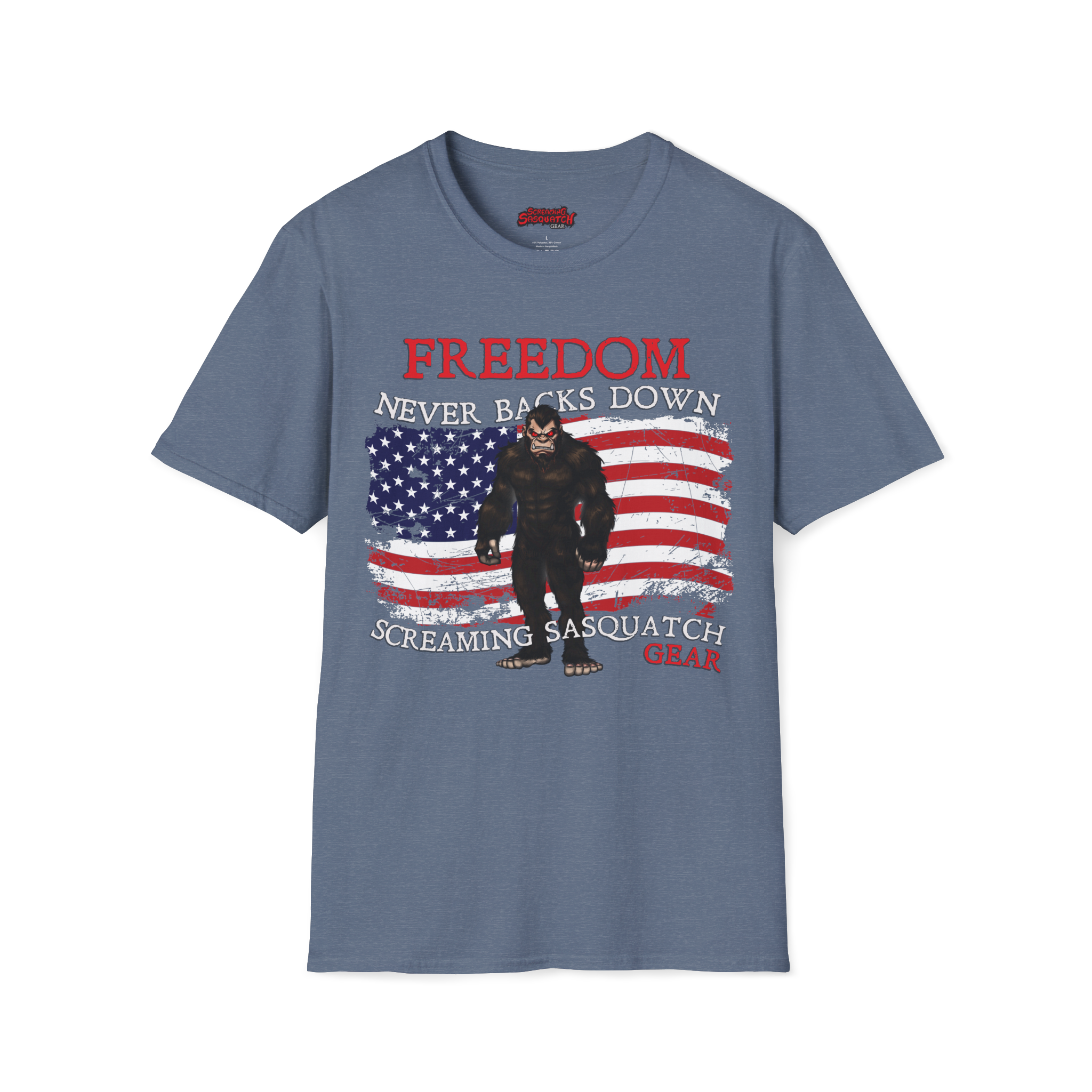 Screaming Sasquatch T-Shirt Freedom Heather Indigo Front